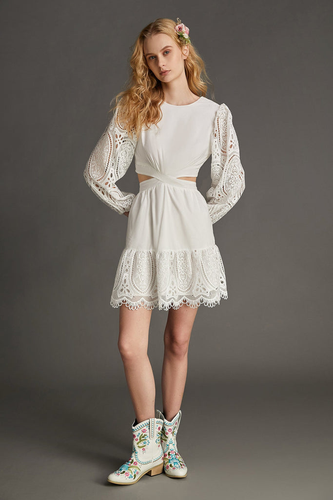 Ifomt - White Balloon Sleeve Cut Out Lace Mini Dress