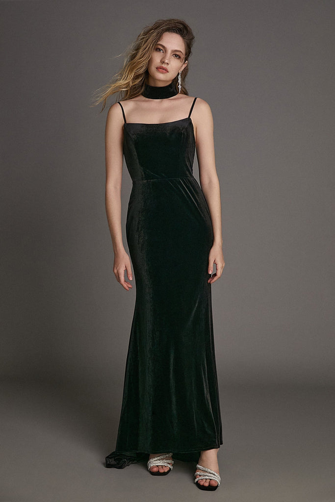 Ifomt - Black Velvet Spaghetti Strap Backless Long Mermaid Formal Dress