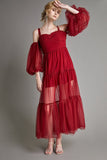Ifomt - Dark Red Swiss Dot Mesh Off-the-Shoulder Blouson Sleeve Midi Dress