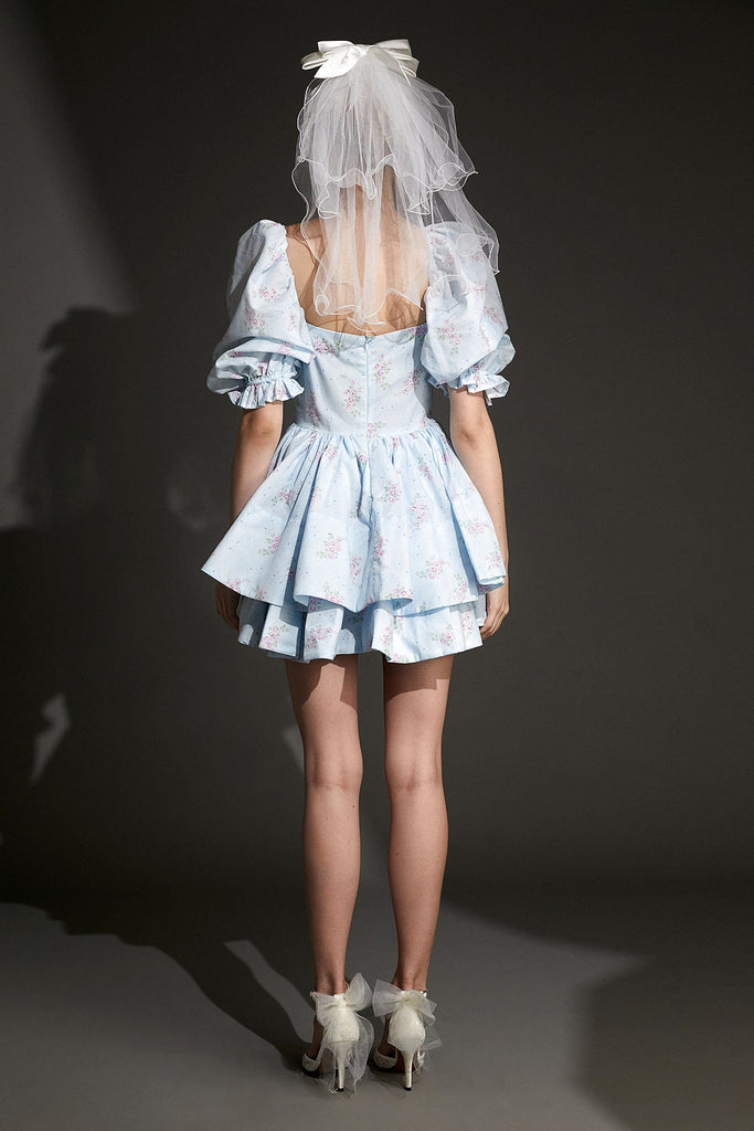 Ifomt - Light Blue Floral Print Puff Sleeve Tiered Babydoll Mini Dress