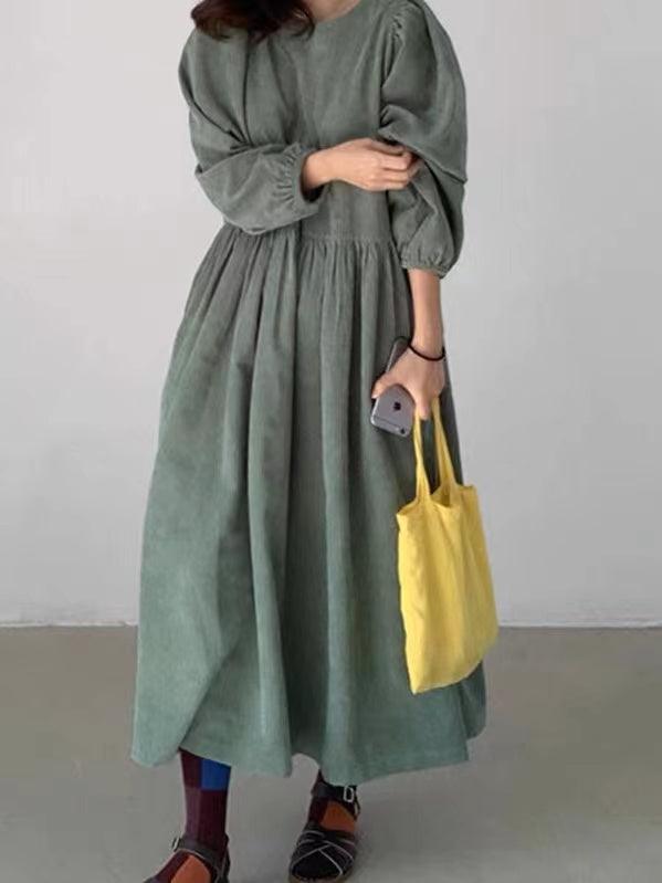 IFOMT 2024 New Fashion Elegant Loose Pleated High Waist Puff Sleeve Corduroy Dress