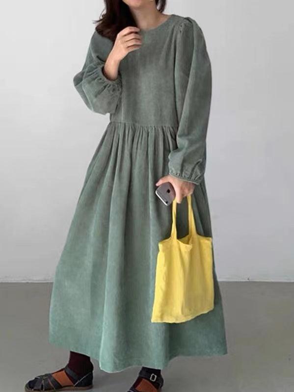 IFOMT 2024 New Fashion Elegant Loose Pleated High Waist Puff Sleeve Corduroy Dress