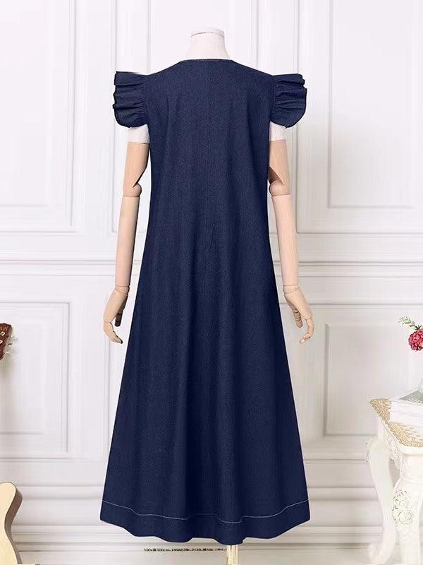 IFOMT 2024 New Fashion Elegant Fly-sleeve Denim Tie Back V-Neck Long Dress