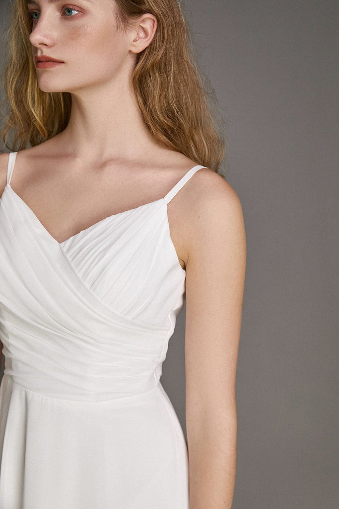 Ifomt - White Pleated Bodice V-Neck A-Line Wedding Dress