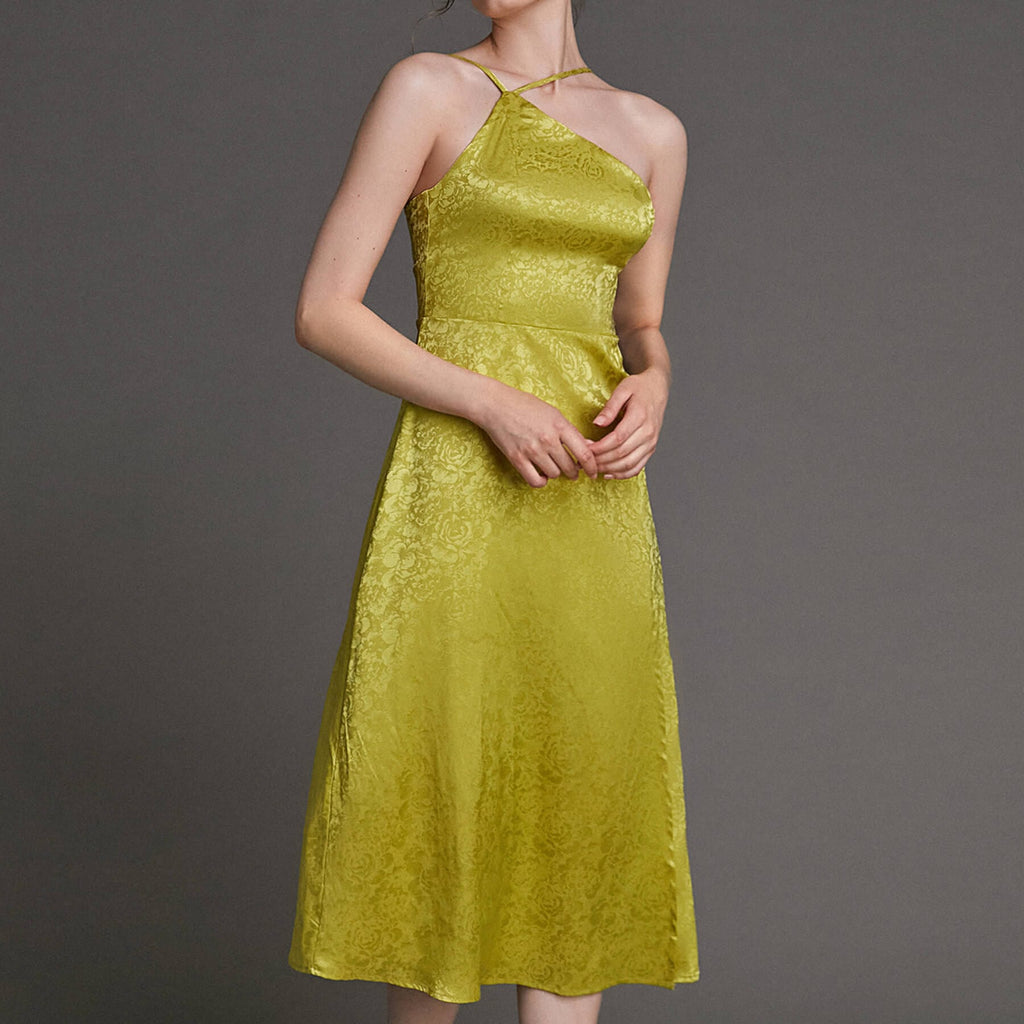 Ifomt - Yellow Floral Jacquard Asymmetric Midi Dress