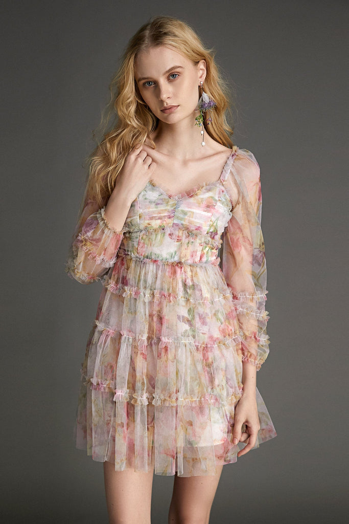 Ifomt - Pink Floral Print Ruched Ruffled Mesh Mini Dress