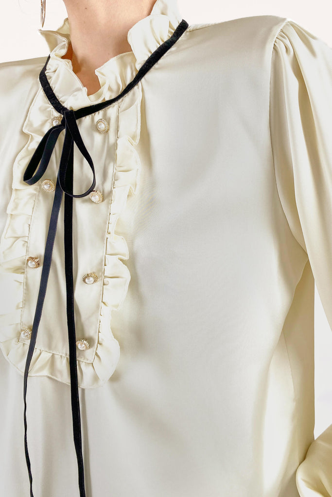 Ifomt Pearl Button Ruffle-Trimmed Tie Detail Blouse