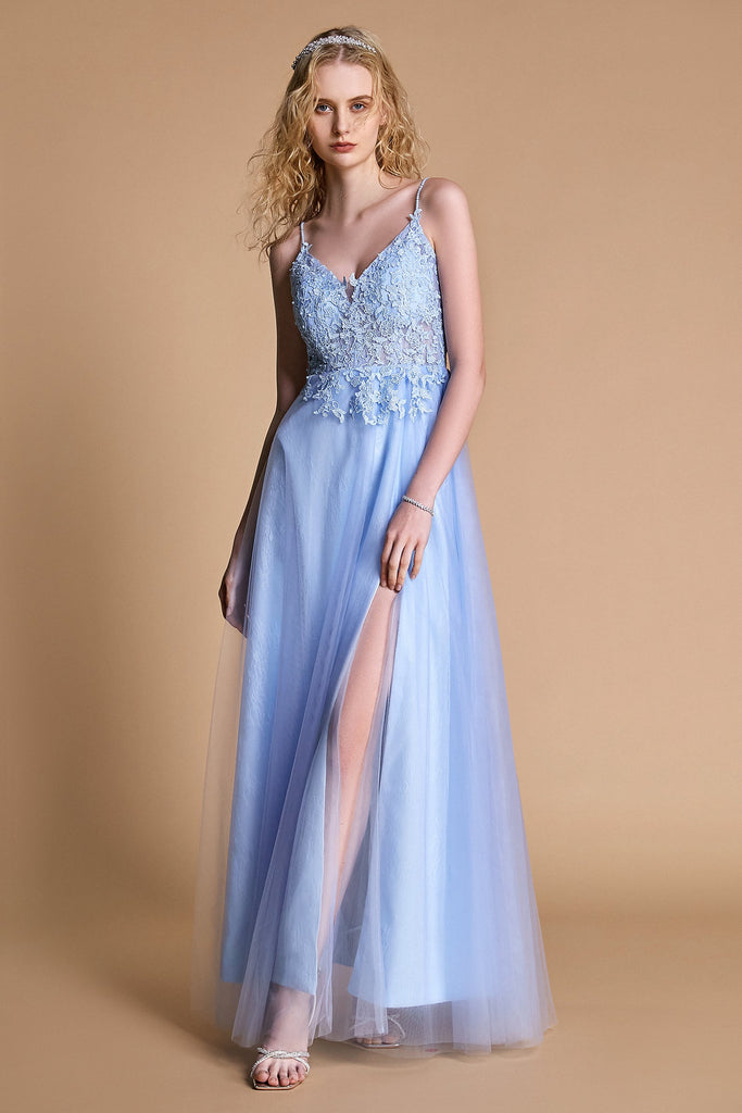 Ifomt - Light Sky Blue Lace & Tulle V-Neck Backless Maxi Dress