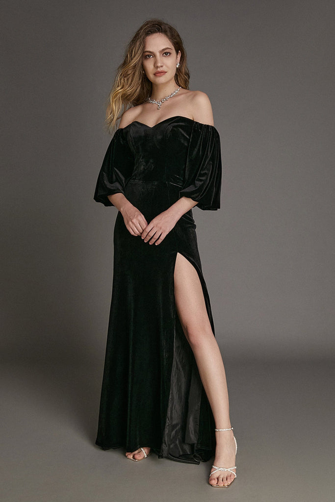 Ifomt - Black Velvet Off-the-Shoulder Puff Sleeve Mermaid Formal Dress