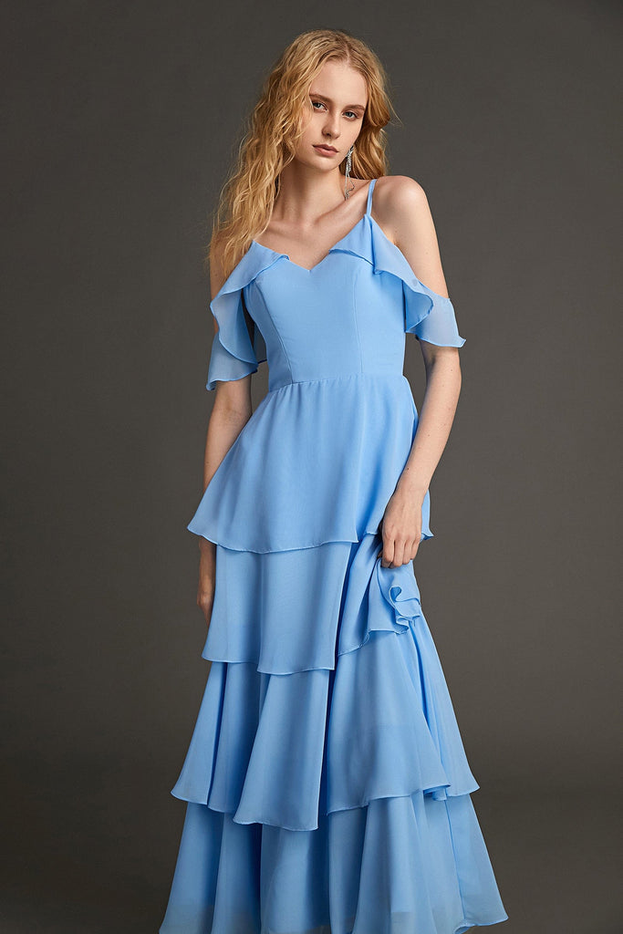 Ifomt - Light Sky Blue Ruffled Cold Shoulder Tiered Maxi Dress
