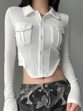 IFOMT 2024 Fashion Woman tops y2k style White Knit Ribbed Pockets Crop Blouses