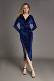 Ifomt - Midnight Blue Velvet Sequin Ruched Bodycon Midi Dress