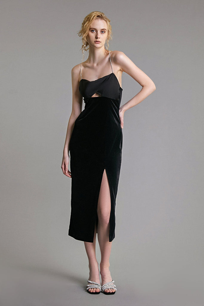 Ifomt - Black Twist Cut Out Rhinestone Strap Backless Maxi Dress