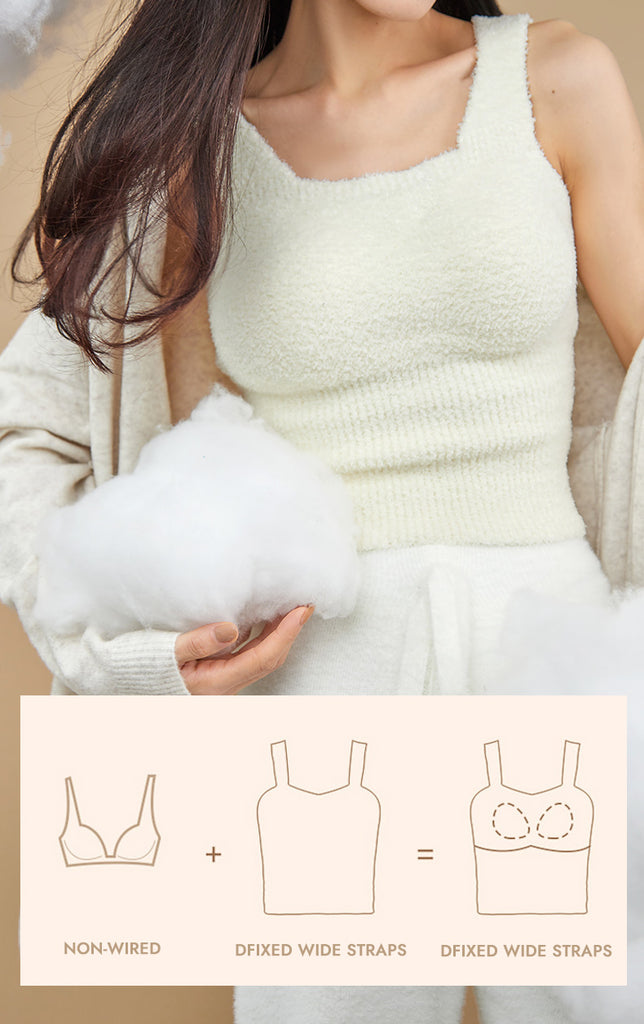 Ifomt Ivory Cozy Fuzzy Knit Tank Top With Built In Bra