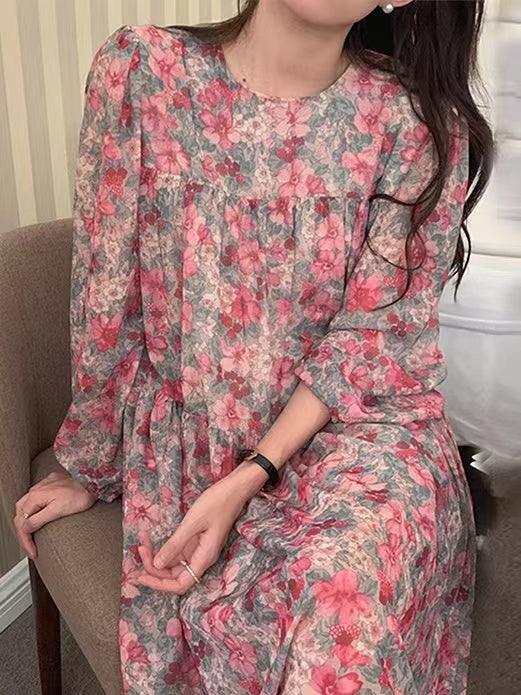 IFOMT 2024 New Fashion Elegant Floral Chiffon Long Sleeve Dress