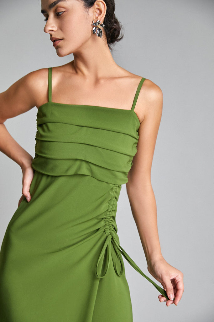 Ifomt - Dark Olive Green Ruched Drawstring Pleat Detail Midi Dress