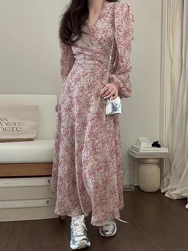 IFOMT 2024 New Fashion Elegant V Neck Floral Puff Sleeve Long Dress