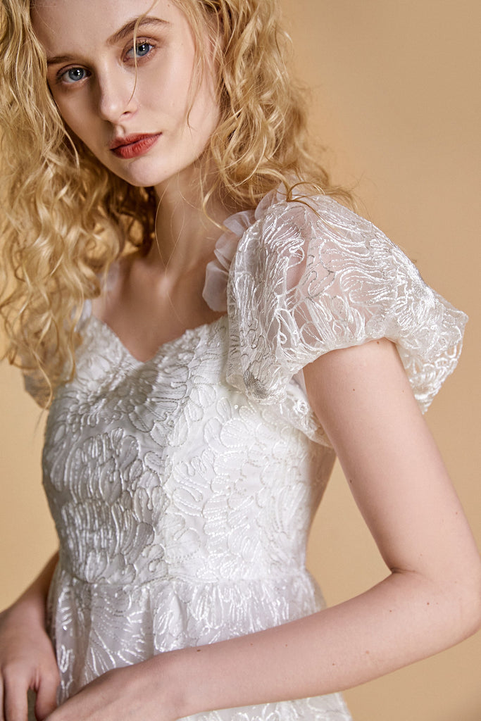 Ifomt - White Lace Puff Sleeve Sweetheart Neck Midi Dress