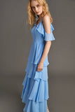 Ifomt - Light Sky Blue Ruffled Cold Shoulder Tiered Maxi Dress
