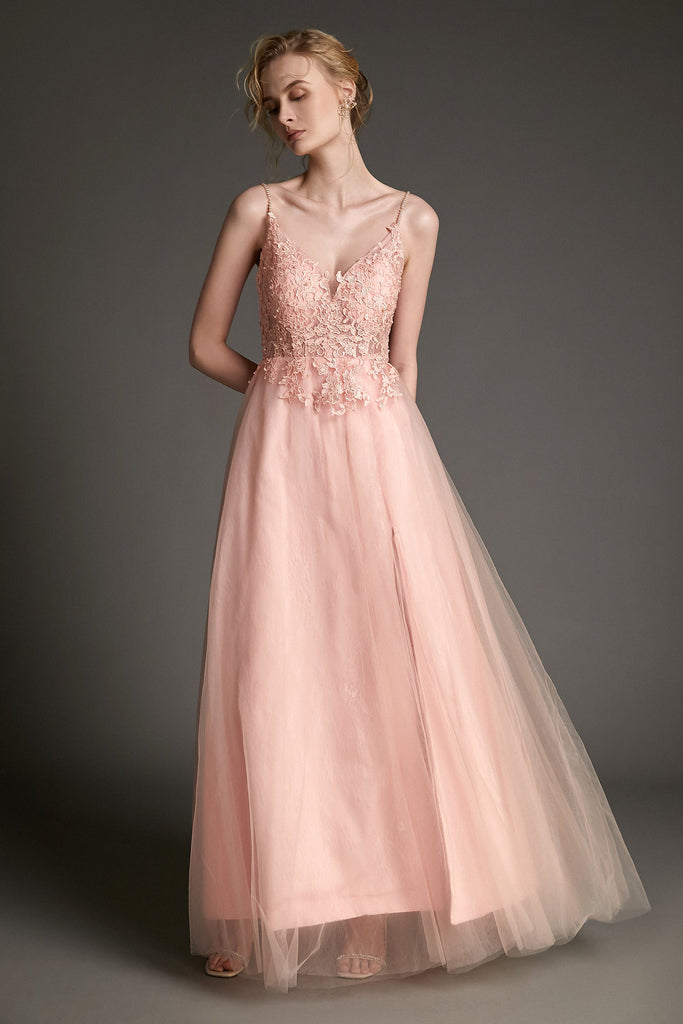 Ifomt - Pink Lace & Tulle V-Neck Backless Maxi Dress