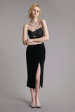 Ifomt - Black Twist Cut Out Rhinestone Strap Backless Maxi Dress