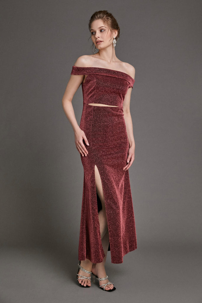 Ifomt - Dark Red Glitter Off-the-Shoulder Mermaid Maxi Dress