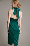 Ifomt - Dark Green Satin Halterneck Ruched Bodycon Midi Dress