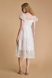 Ifomt - White Lace Puff Sleeve Sweetheart Neck Midi Dress