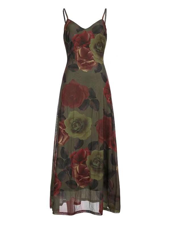IFOMT 2024 New Fashion Elegant Vintage Floral Print V-Neck Slip Dress