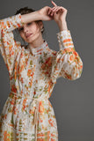Ifomt - Orange Floral Print Button Front Balloon Sleeve Belted Tiered Maxi Dress