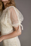 Ifomt - Ivory Mesh Drawstring Sleeve Lace Bodycon Midi Dress