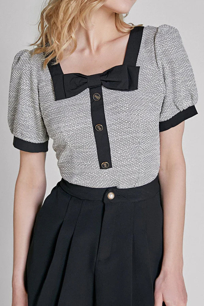 Ifomt Grey Square Neck Puff Sleeve Blouse