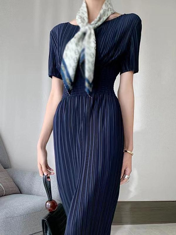 IFOMT 2024 New Fashion Elegant French High Waist Pleated Crew-neck Dress