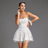 Ifomt - White Floral Print Waist Cut Out Spaghetti Strap Mini Dress