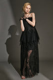 Ifomt - Black Strapless Feather Trim Lace Tulle Maxi Dress