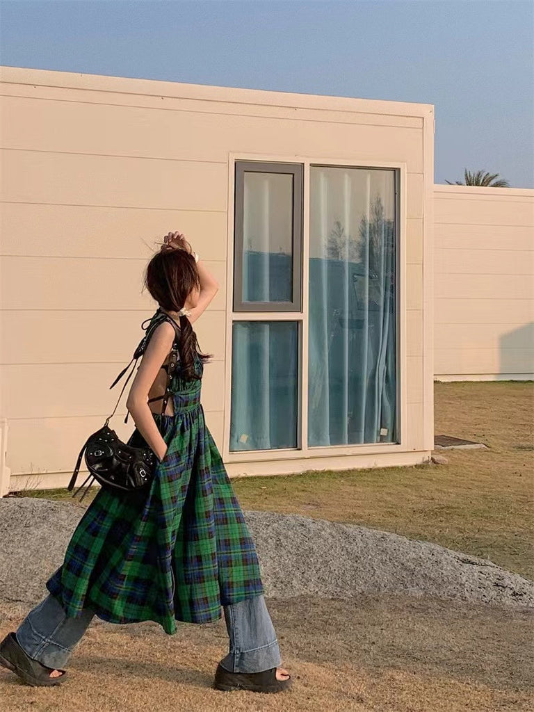 IFOMT 2024 New Fashion Elegant Retro Green Plaid Waist Backless Slip Dress