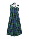 IFOMT 2024 New Fashion Elegant Retro Green Plaid Waist Backless Slip Dress