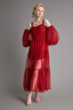 Ifomt - Dark Red Swiss Dot Mesh Off-the-Shoulder Blouson Sleeve Midi Dress