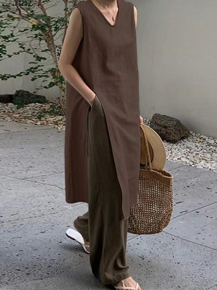IFOMT 2024 New Fashion Elegant Linen Slit Sleeveless Simple Dress