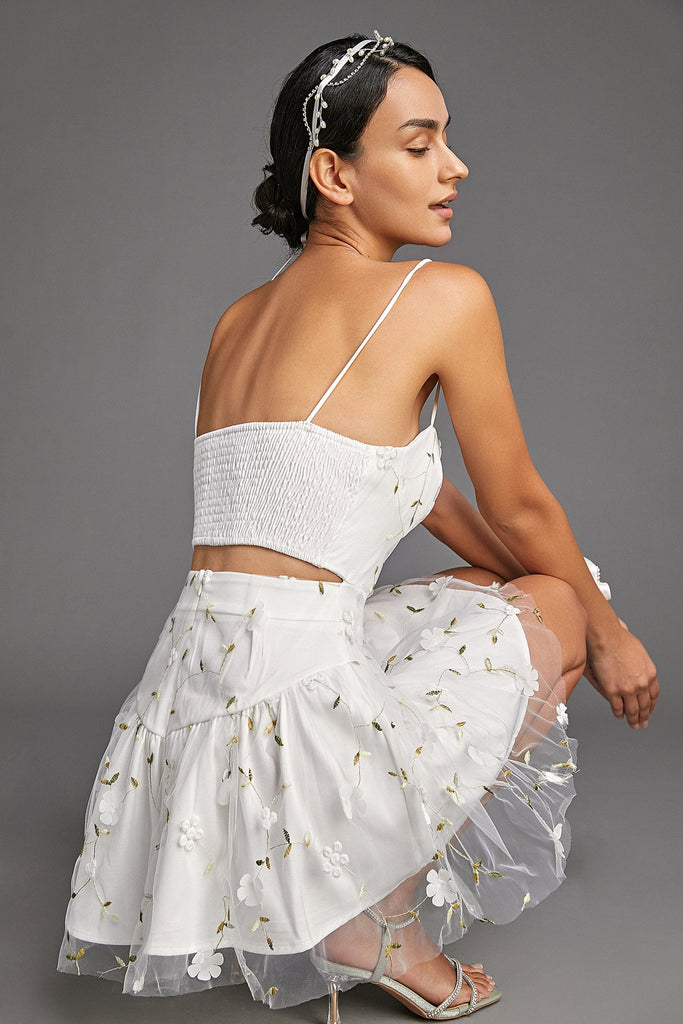 Ifomt White Floral Print Waist Cut Out Spaghetti Strap Mini Dress