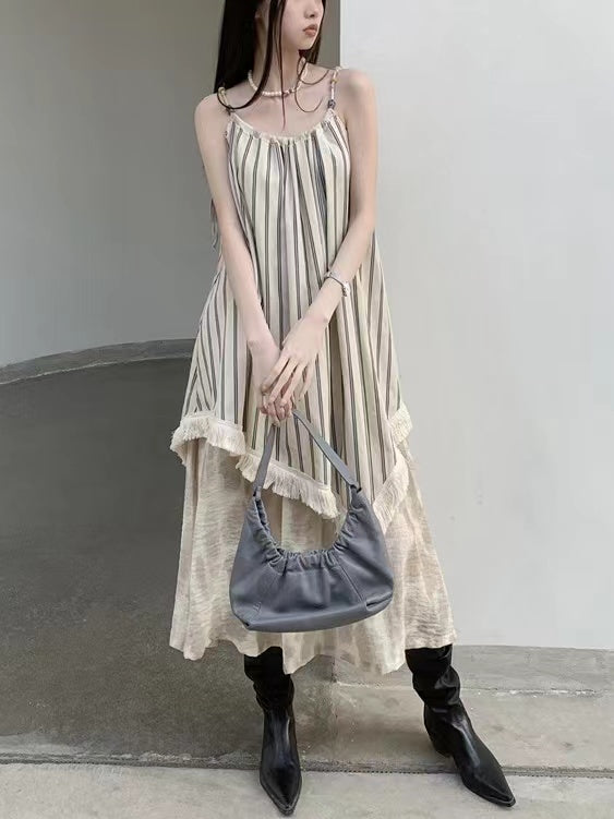 IFOMT 2024 New Fashion Elegant French Retro Striped Splicing Irregular Sling Dress