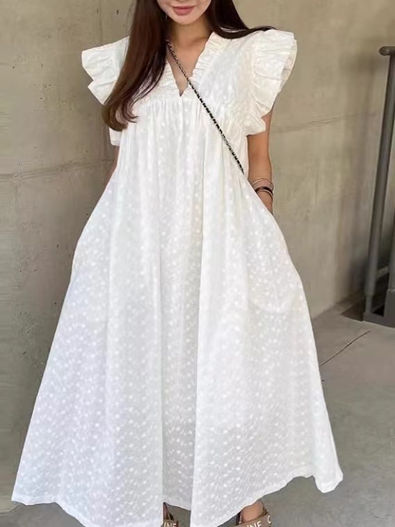 IFOMT 2024 New Fashion Elegant French Gentle White Polka Dot Small Flying Sleeve Dress
