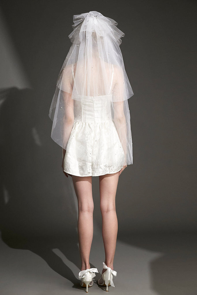 Ifomt White Floral Jacquard Ruched Corset Detail Mini Dress