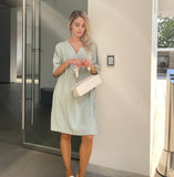 Ifomt Summer New Design Women Solid V Neck Short sleeve Linen Mini Casual Dress