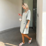 Ifomt Summer New Design Women Solid V Neck Short sleeve Linen Mini Casual Dress