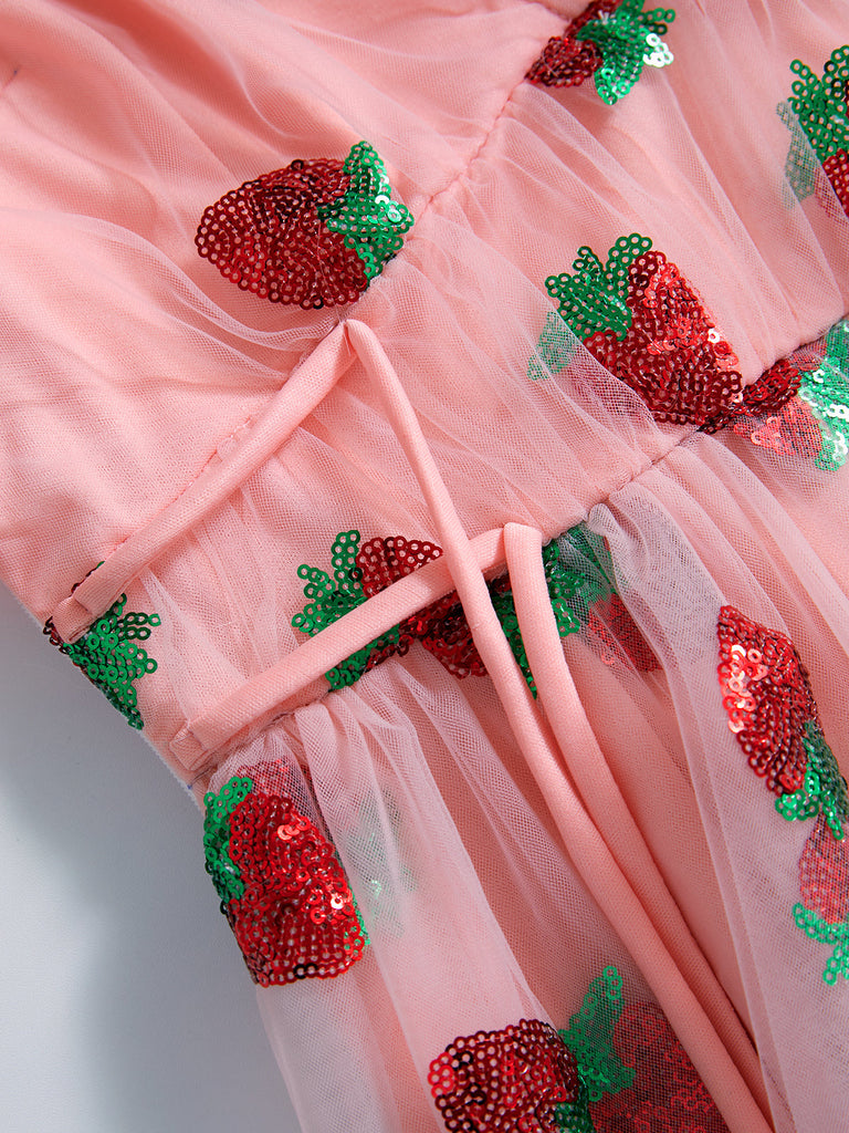 IFOMT Sequined Strawberry Mesh Pleated Maxi Dress