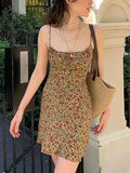IFOMT Lace Up Floral Slip Mini Dress