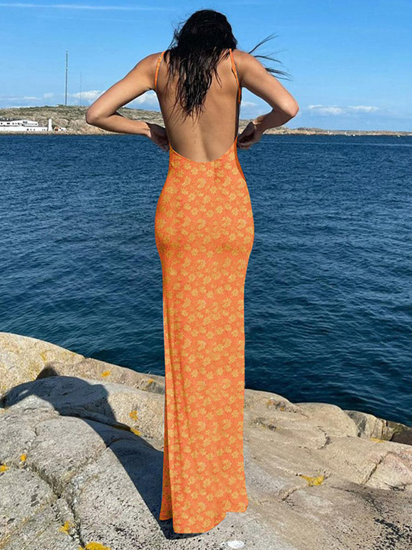 IFOMT Backless Floral Print Bodycon Maxi Dress
