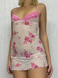 IFOMT Lace Paneled Rose Print Mesh Mini Dress