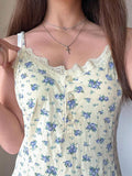 IFOMT Lace Trim Buttoned Floral Mini Dress